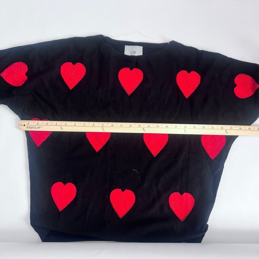 LIV MILANO BLING HEART DOLMAN SWEATER BLACK WITH RED HEARTS SIZE SMALL - Picture 9 of 11
